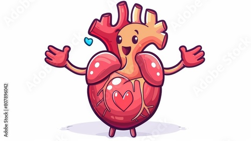 Cartoon character of the human heart  hilarious cardiovascular system with kawaii face waving hands inside rib cage. Illustration of healthy body  anatomy for children.