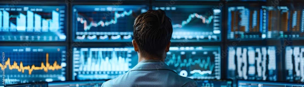 A person in a white coat looking at multiple computer screens with graphs and charts. A person in a white coat looking at multiple computer screens with graphs and charts.