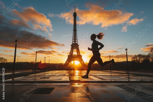 A woman is running in front of the iconic Tower against a sunset sky © AI Exclusive 