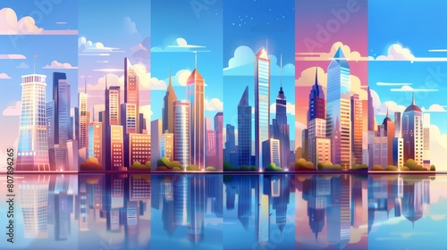 At different times during the day, at sunset, at sunrise, and at night, the city skyline near the waterfront looks different. Modern megapolis architecture and skyscrapers at different times of the
