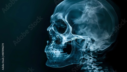 X-ray of human skull on black background showcasing the intricate bone structure Concept of radiological imaging medical diagnostics and forensic analysis photo