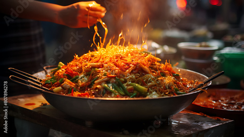 A colorful Thai street food vendor preparing Pad Thai in a fiery wok, surrounded by the sights and sounds of a lively night market. photo