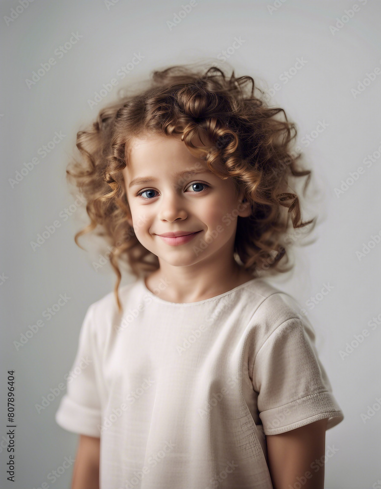 Naklejka premium happy portrait of a little girl with curly hair, isolated white background 