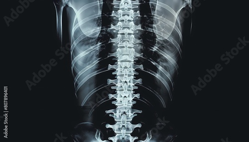 X-ray view of a human chest wall thoracic region skeletal structure including ribs, spine, and shoulder blades. Concept of chest diagnostics, skeletal health, and detailed anatomical study 