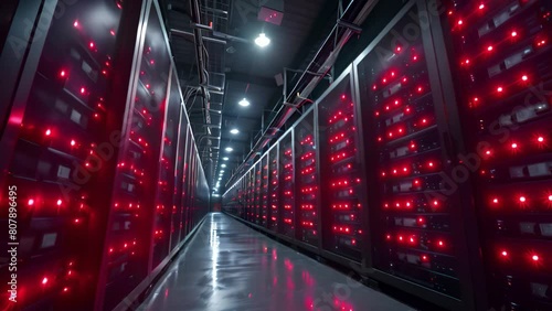 Glowing lights cascade over racks of hardware, as crypto mining production hums at a large barn photo