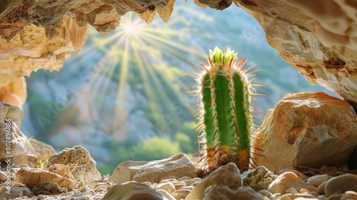 cactus plant with cave background in the desert photo