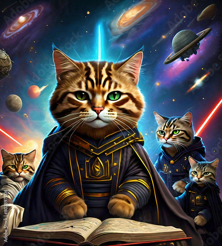 cat in robe reading a book in the universe with the background of galaxies, felines, bookshelves, planets and swords