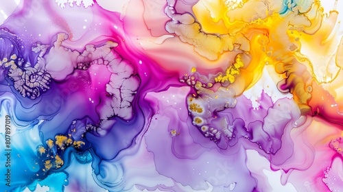 A vibrant  abstract painting featuring a variety of colors and shapes  set against a clean white background