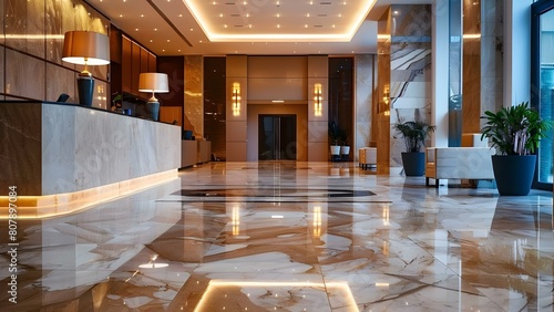 Elegant Lobby with Gleaming Floor in Contemporary Commercial Building Post-Cleaning. Concept Commercial Building, Lobby, Cleaning Service, Contemporary Design, Elegant Decor photo