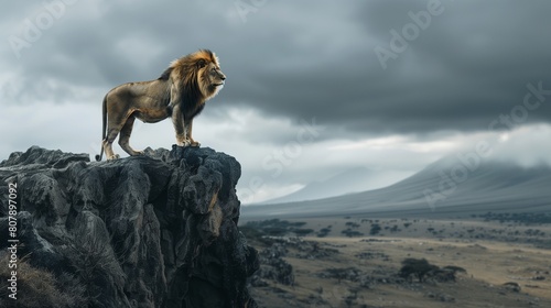 A lone lion surveying his domain from atop a rocky outcrop, his powerful presence commanding respect from all who encounter him 