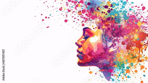 Colorful watercolor portrait of a beautiful woman face on white background, copy space.