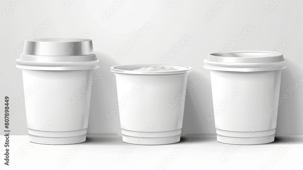 Package for yoghurt and dairy products isolated modern mockup, featuring a white round jar with foil lid and blank tubs in front, side and top views. Package for yoghurt and dairy products isolated modern mockup, featuring a white round jar with foil lid and blank tubs in front, side and top views.