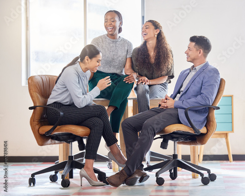 Office, team and diversity with laugh, group and collaboration with joke for small business startup. Law firm, teamwork and people support with company trust, management and new project discussion