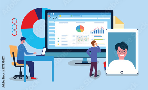 business team analytics and monitoring on web report dashboard monitor concept and flat vector illustration design 