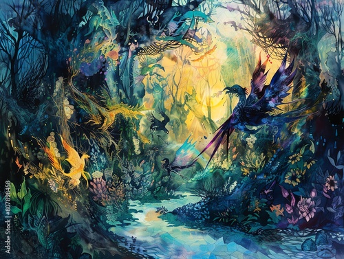 Capture a panoramic view of mythical creatures roaming through a surrealist landscape  illuminated by a mesmerizing blend of iridescent light and deep shadows