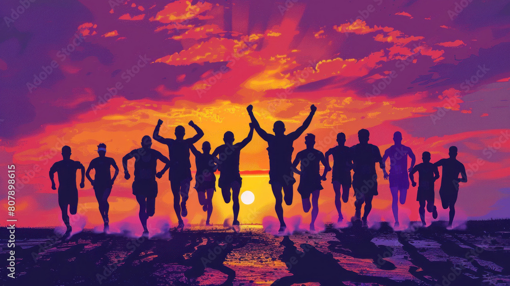 silhouetted runners crossing a bridge or overpass during a dawn marathon, with the structure's architectural lines accentuating their movement and determination, symbolizing progress and forward momen silhouetted runners crossing a bridge or overpass during a dawn marathon, with the structure's architectural lines accentuating their movement and determination, symbolizing progress and forward momen