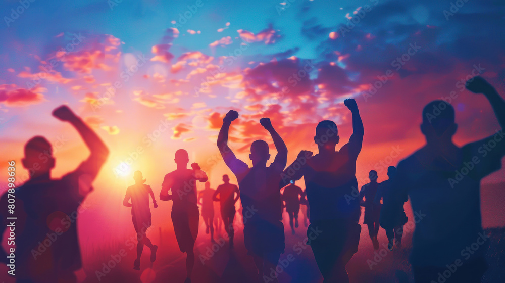 silhouetted runners crossing a bridge or overpass during a dawn marathon, with the structure's architectural lines accentuating their movement and determination, symbolizing progress and forward momen