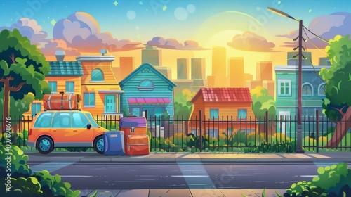 Modern cartoon illustration of summer urban landscape with road, sidewalk, green bushes, and car with baggage at sunset.