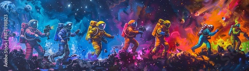 Capture a wide-angle view of a space exploration crew engaging in hilariously unexpected comedy moments Bring out the vibrant colors of their futuristic suits against the vast gala photo