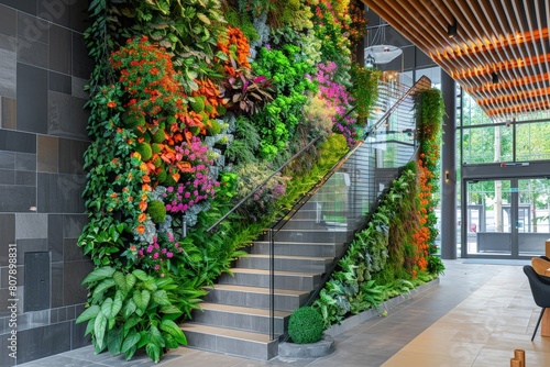 A view of a vibrant green wall inside a restaurant  adorned with stairs leading to a different level  and various plants enhancing the decor