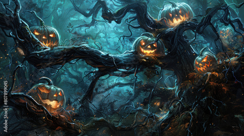 a desolate clearing surrounded by a haunted forest, where spectral pumpkins with sinister expressions cast an eerie glow on the gnarled branches of dead trees, hinting at the malevolent forces that dw photo