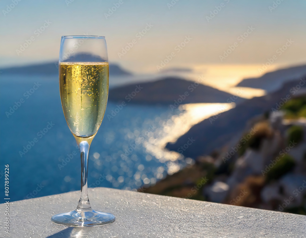 Obraz premium A chilled glass of champagne positioned against a backdrop of the Aegean Sea, its islands gently blurred in the background, evoking a sense of tranquility and luxury.