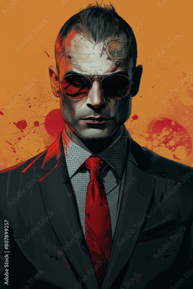 Fototapeta premium Detailed semi-realistic illustration of a suave gangster with skinhead hairstyle in a minimal background.