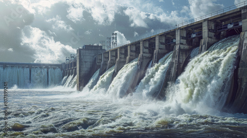 a hydroelectric dam spanning a river  with water cascading over the spillways and turbines generating electricity  showcasing the harnessing of natural resources for power generation.