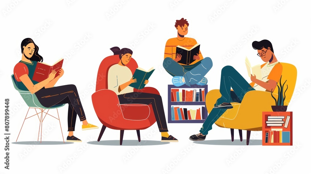 Various people reading books at home, in the club, or at the library. High-quality images of male and female characters enjoying weekend spare time, reading literature, studying, studying for exams, Various people reading books at home, in the club, or at the library. High-quality images of male and female characters enjoying weekend spare time, reading literature, studying, studying for exams,
