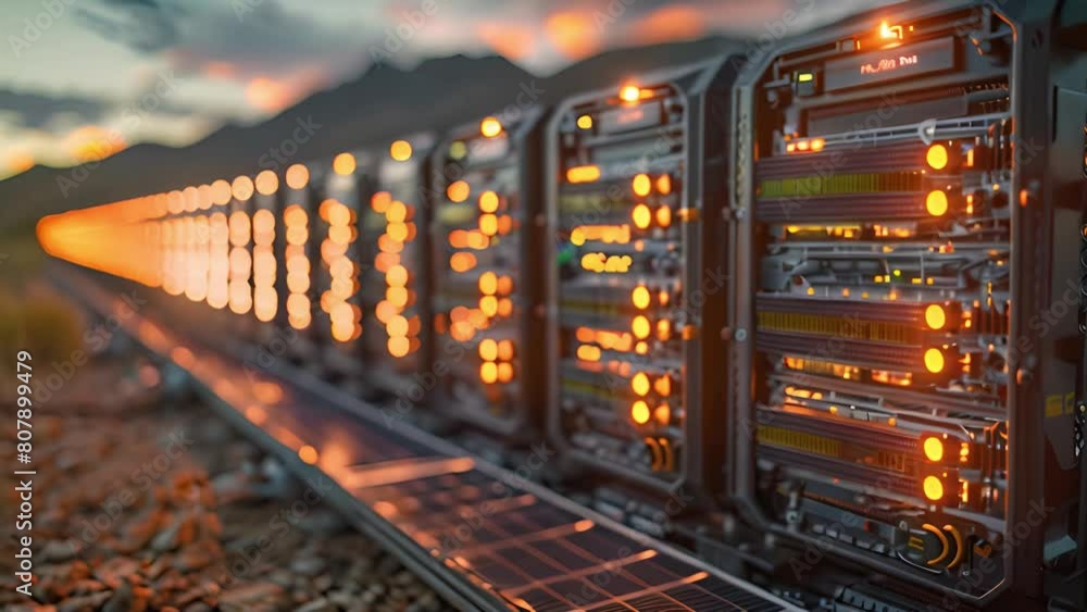 Cryptocurrency mining: video card racks glowing in dusk, standing outdoor in the desert area Cryptocurrency mining: video card racks glowing in dusk, standing outdoor in the desert area