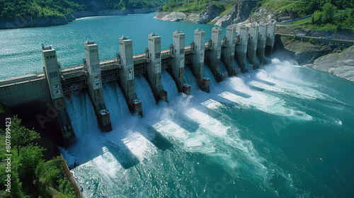 a hydroelectric dam spanning a river  with water cascading over the spillways and turbines generating electricity  showcasing the harnessing of natural resources for power generation.