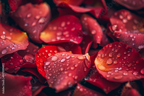 Close-up of fresh red rose petals covered in morning dew showing their full beauty in bloom