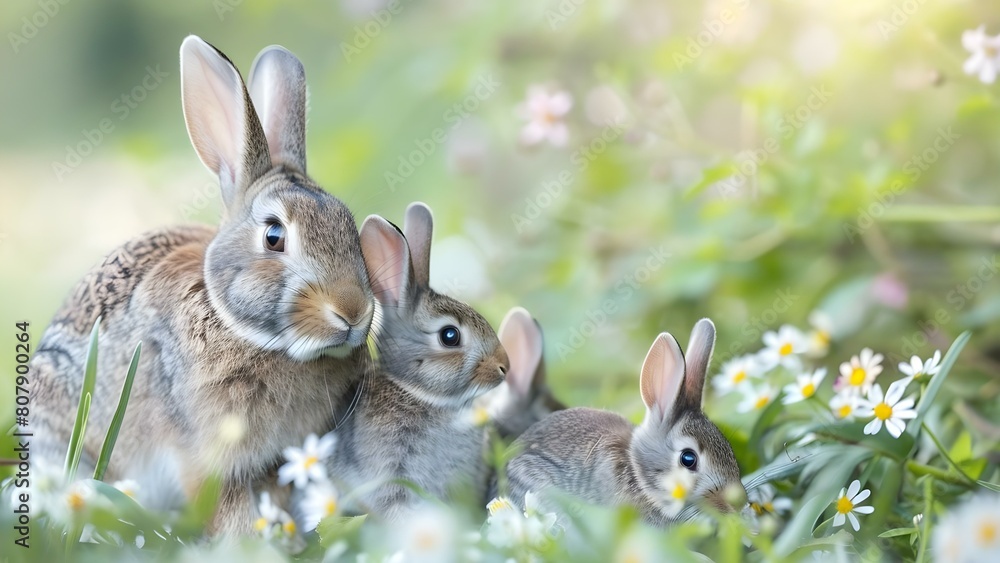 Obraz premium A rabbit family takes a group photo surrounded by spring flowers. Concept Spring Photoshoot, Flower Garden, Family Portraits, Cute Animals, Springtime Fun