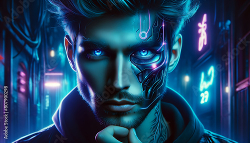 Neon Guardian: A Cybernetic in a Futuristic Metropolis photo