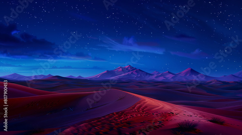 Starry night over serene desert dunes in vibrant colors