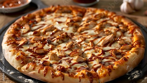 Close-up of a mouthwatering chicken cheese pizza loaded with chicken toppings. Concept Food Photography, Pizza Close-up, Gourmet Food, Cheese, Chicken Toppings photo