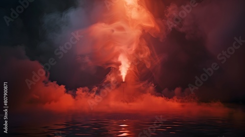 Against a backdrop of darkness, a single spotlight reveals our brand. Surrounding it, vibrant bursts of coral smoke emerge, creating a mesmerizing spectacle.  photo