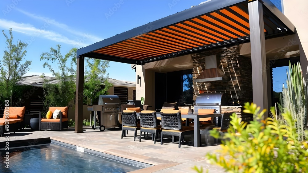 Contemporary patio set features pergola awning dining table seats metal grill. Concept Patio Design, Outdoor Dining, Metal Grill, Pergola Awning, Contemporary Style