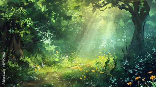 Enchanting forest pathway with sunlight and vibrant flowers