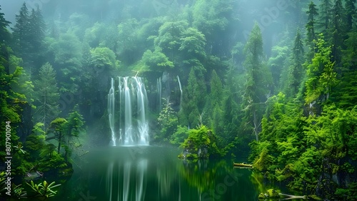 Waterfall in lush green British Columbia forest showcases the natural beauty of the Pacific Northwest. Concept Natural Beauty, Waterfalls, British Columbia, Pacific Northwest, Lush Forests