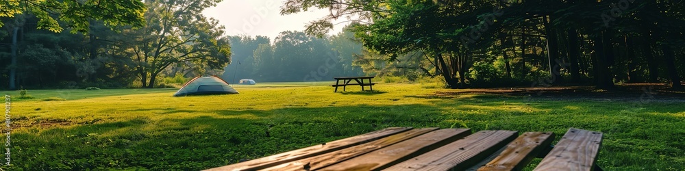 Serene Campsite with Tent and Wooden Table in Lush Park Serene Campsite with Tent and Wooden Table in Lush Park