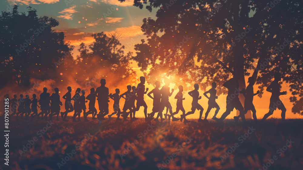 all ages and backgrounds participating in a marathon at dawn, their silhouettes blending together as they move forward in unity, representing the strength of diversity in sports. all ages and backgrounds participating in a marathon at dawn, their silhouettes blending together as they move forward in unity, representing the strength of diversity in sports.