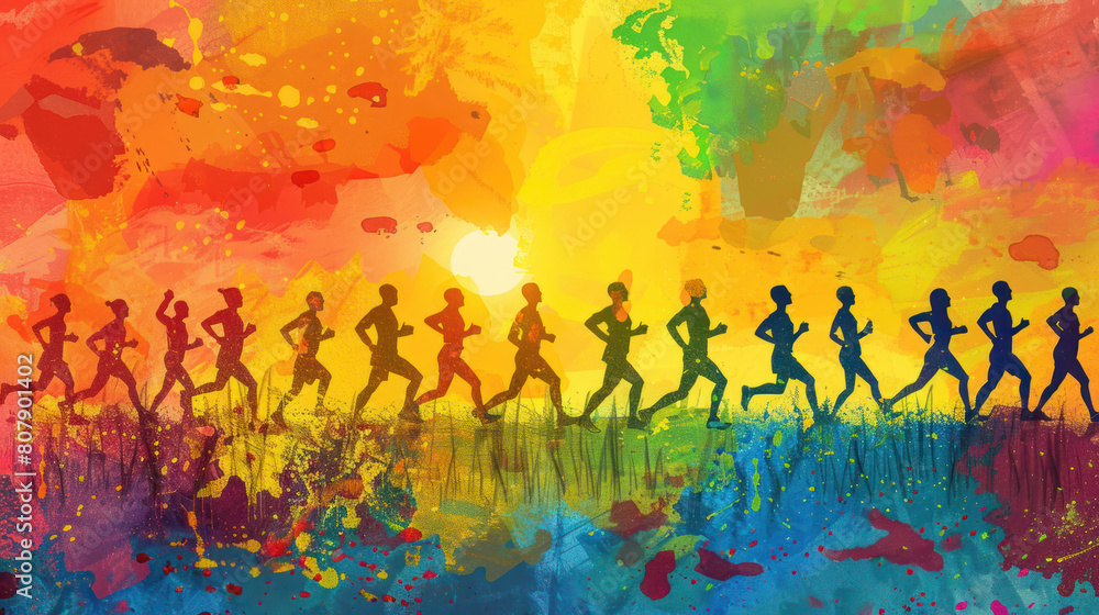 all ages and backgrounds participating in a marathon at dawn, their silhouettes blending together as they move forward in unity, representing the strength of diversity in sports. all ages and backgrounds participating in a marathon at dawn, their silhouettes blending together as they move forward in unity, representing the strength of diversity in sports.