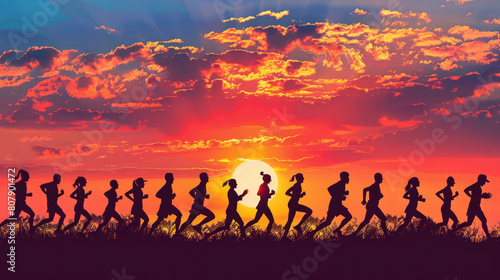 all ages and backgrounds participating in a marathon at dawn, their silhouettes blending together as they move forward in unity, representing the strength of diversity in sports.