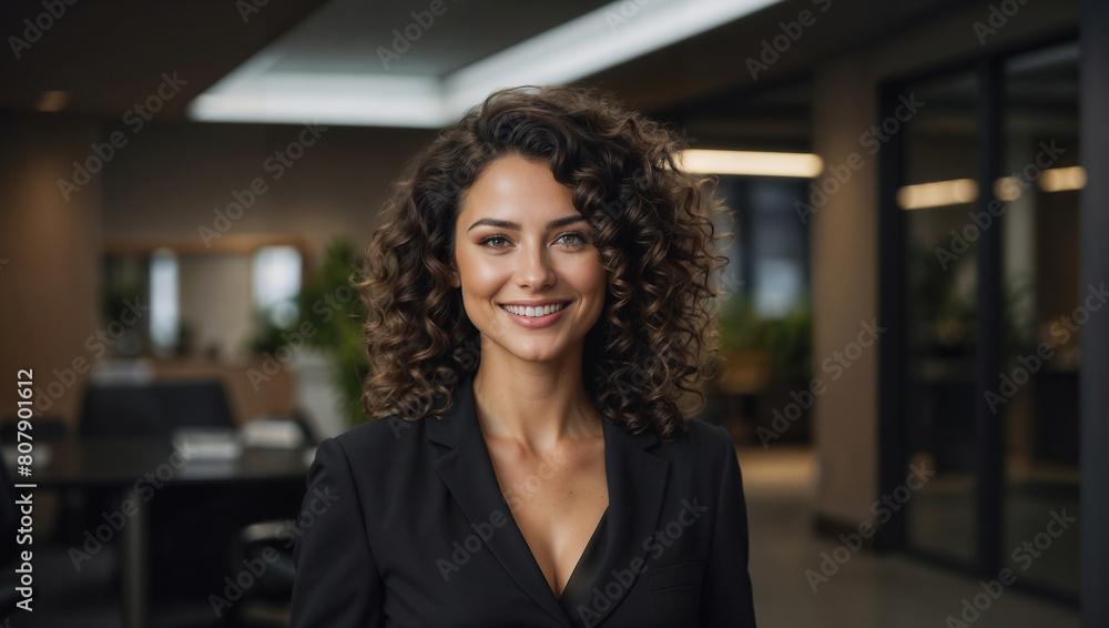 Bella donna con capelli ricci sorride in un moderno ufficio con abito elegante Bella donna con capelli ricci sorride in un moderno ufficio con abito elegante