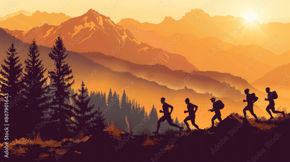 Fototapeta premium all ages and backgrounds participating in a marathon at dawn, their silhouettes blending together as they move forward in unity, representing the strength of diversity in sports.