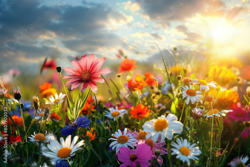 Vibrant spring meadow with colorful wildflowers at sunset