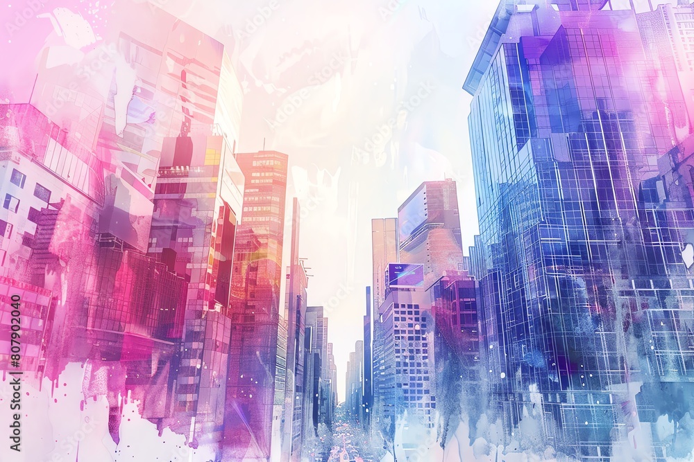 Experiment with a watercolor aesthetic to showcase a panoramic view of a bustling metropolis infused with futuristic tech Play with distorted reflections in glass buildings to crea Experiment with a watercolor aesthetic to showcase a panoramic view of a bustling metropolis infused with futuristic tech Play with distorted reflections in glass buildings to crea