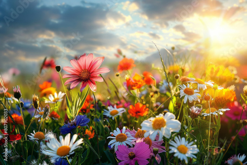 Vibrant spring meadow with colorful wildflowers at sunset