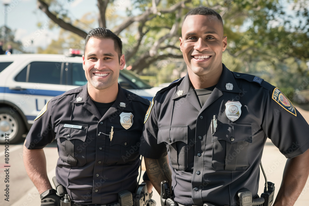 Fototapeta premium portrait of two smiling police officers, partners in uniform, standing shoulder to shoulder near a patrol car in the background. With a focus on their camaraderie and professionali